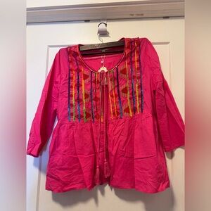 Velzera BOHO Embroidered L Tassel Tie 3/4 Sleeve l Pink Embroidered Blouse